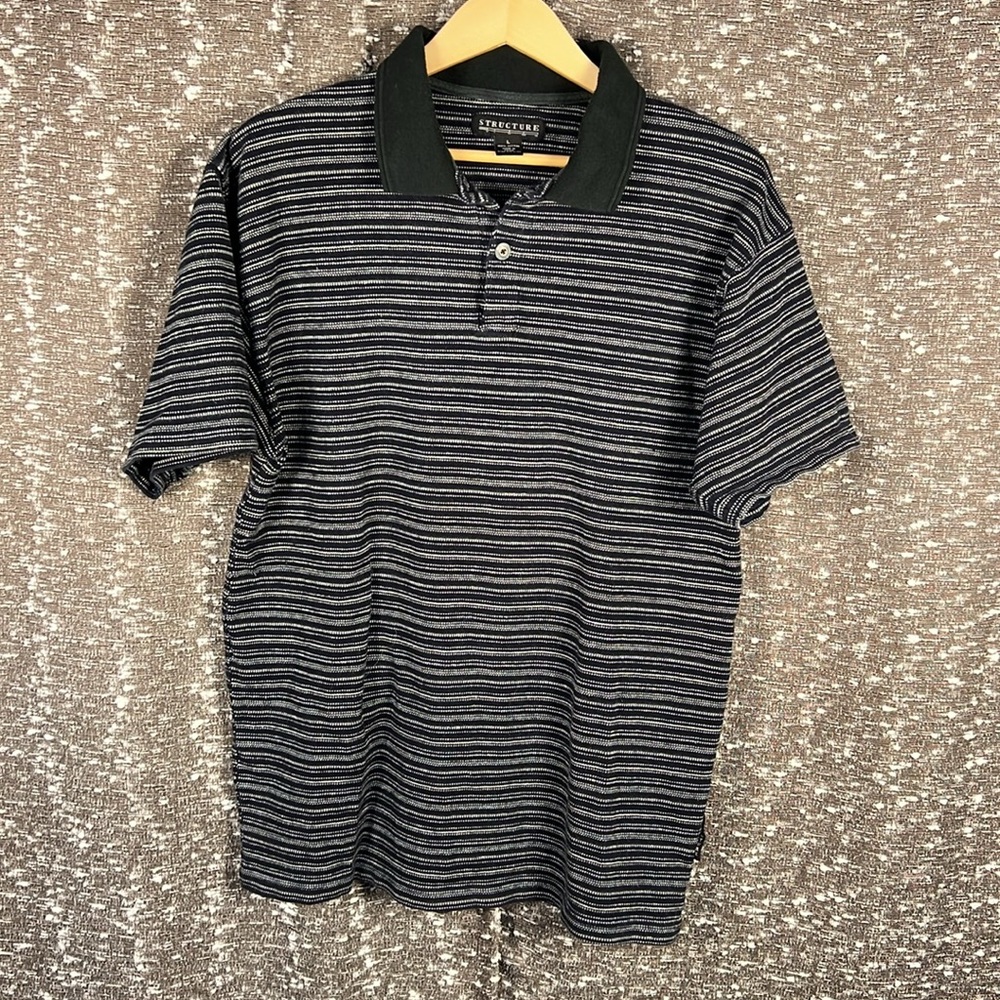 Structure Dark Blue Striped Cotton Short Sleeve Golf Polo Size Large